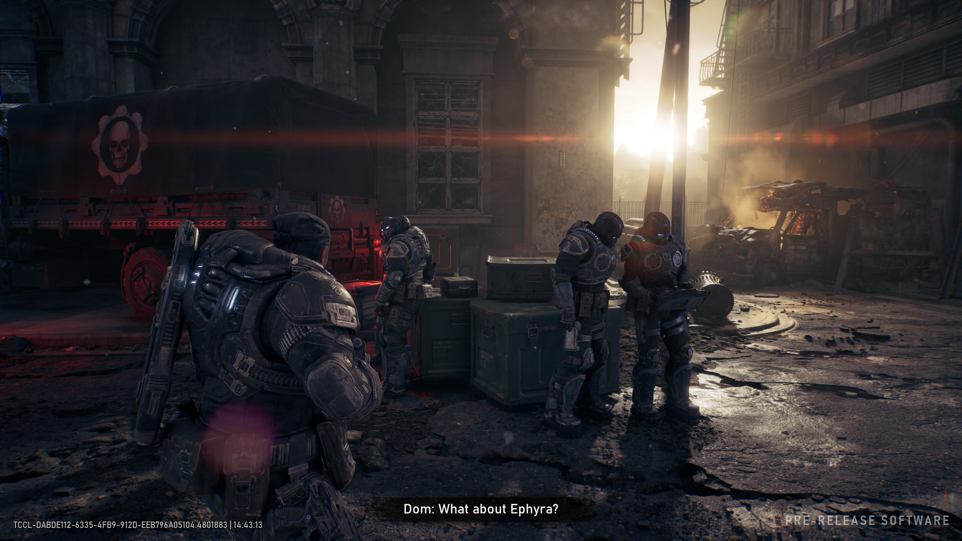 Marcus Fenix looking at some fellow soldiers in Gears of War: E-Day