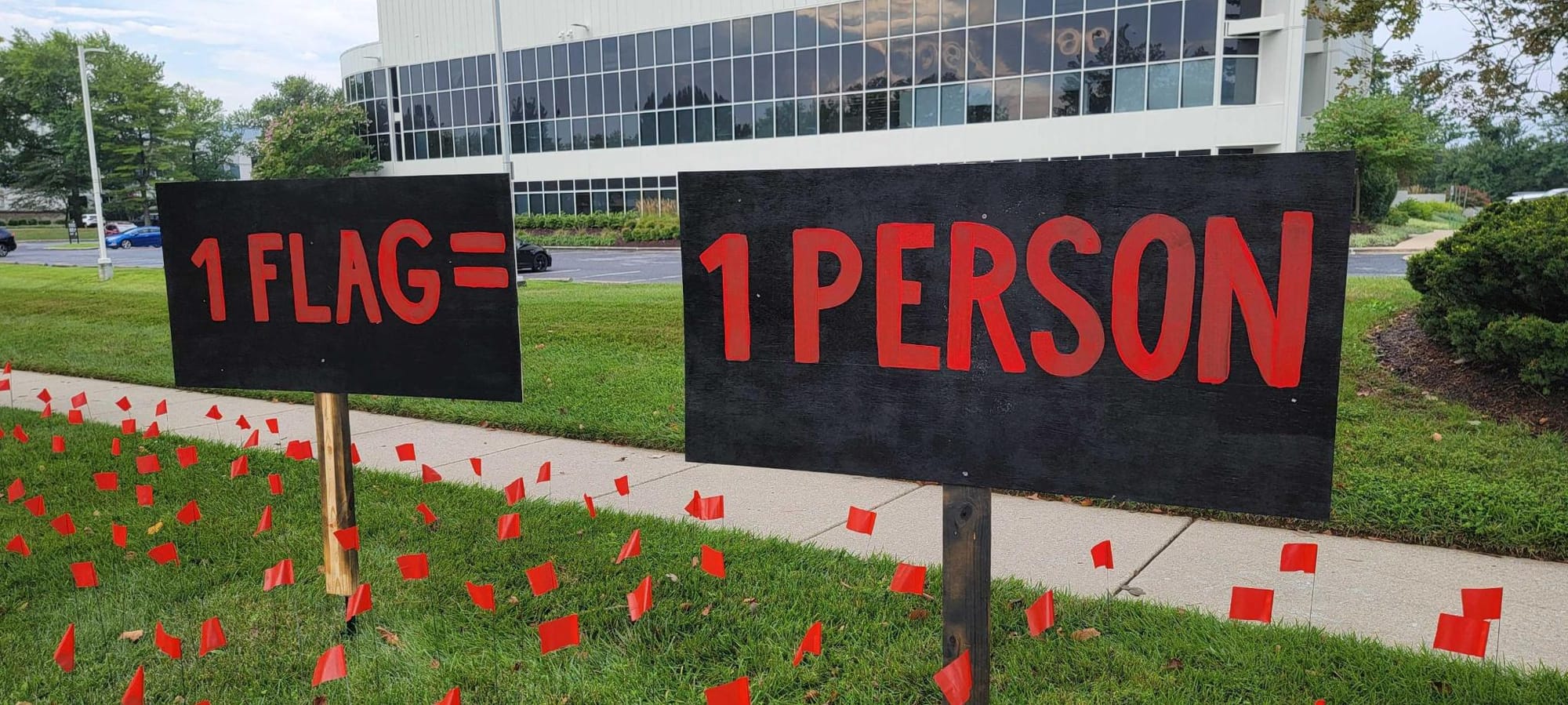 Dozens of red flags in the ground, with signs reading "1 FLAG = 1 PERSON"