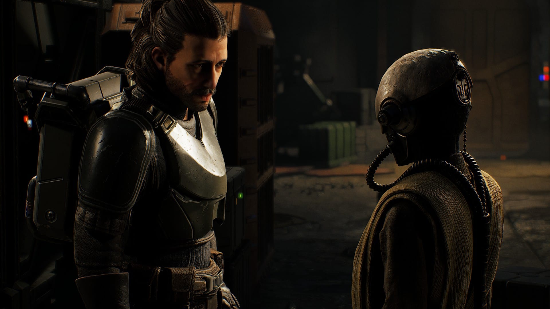 A man looks at a Tognath Jedi padawan in Star Wars: Zero Company