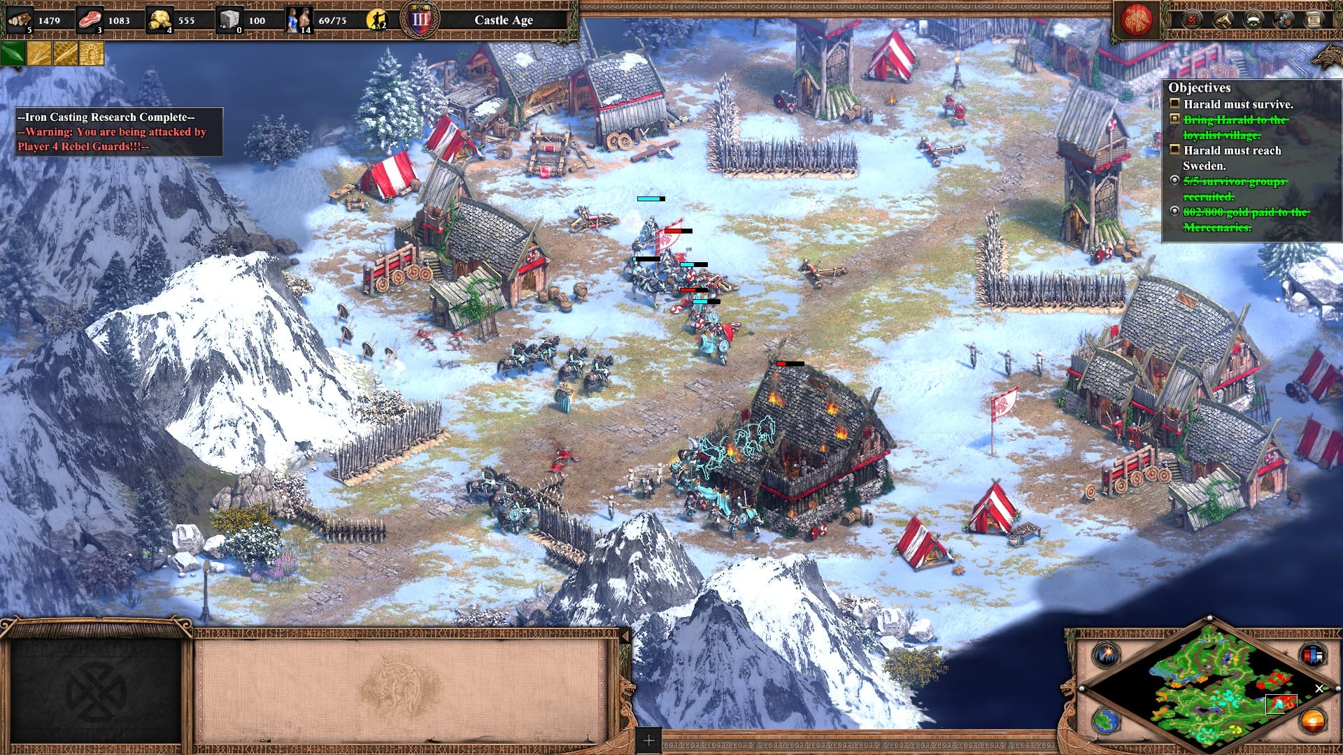 Viking raiders attack a small town covered in snow in Age of Empires 2