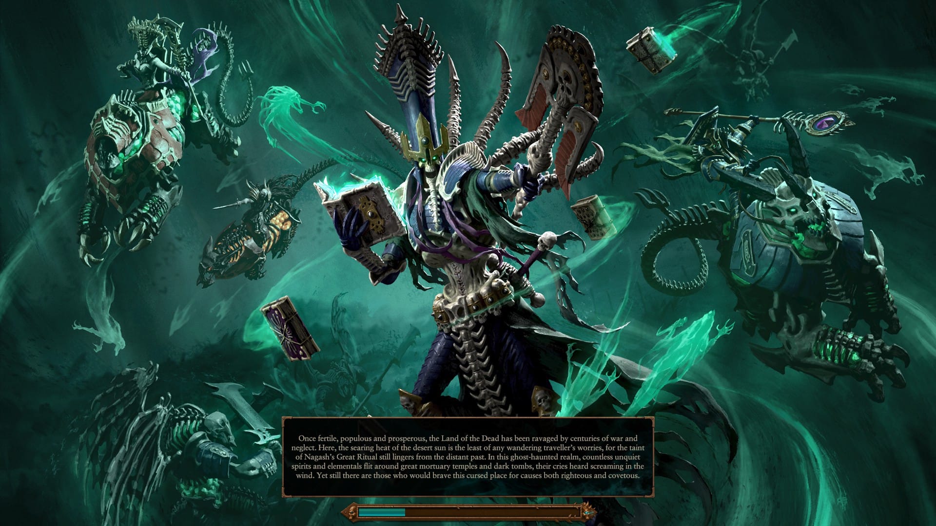 Nagash, lord of the Undead Legions, in Total War: Warhammer 3. He's a giant skeleton flanked by undead monsters.
