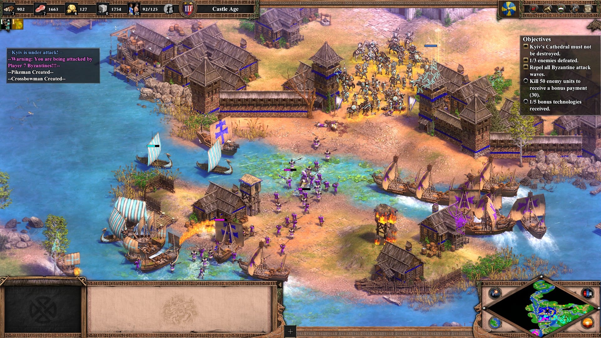 A massive Byzantine army and fleet fights a Varangian army and fleet in Age of Empires 2