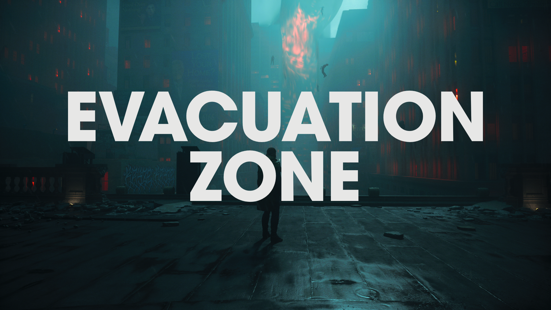 A dark part of Manhattan with the words EVACUATION ZONE in bold font covering the image
