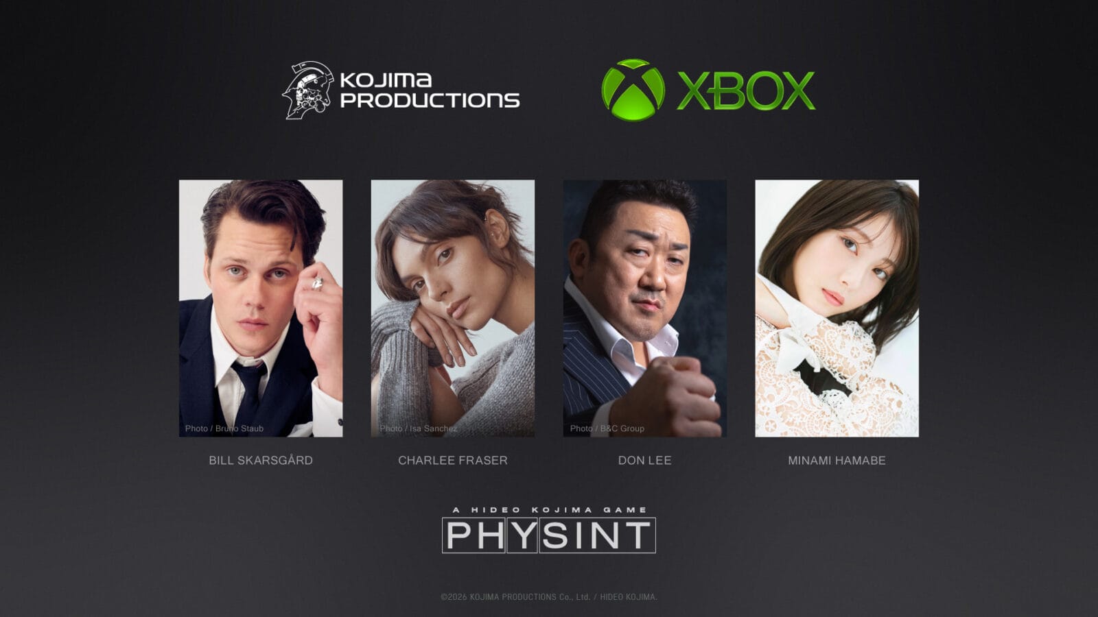 A poster for Kojima Productions and Xbox Game Studios' Physint, showing the cast of Bill Skarsgård, Charlee Fraser, Don Lee, and Minami Hamabe
