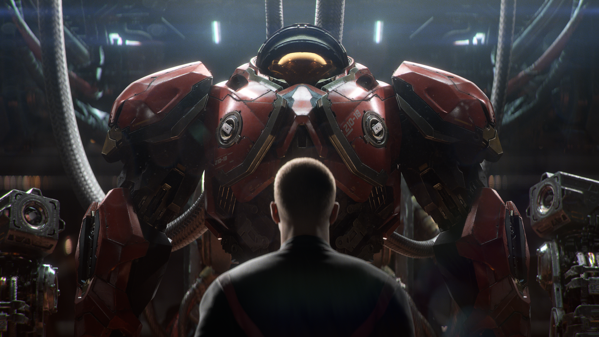 A recruit looking at a suit of Terran Marine armor