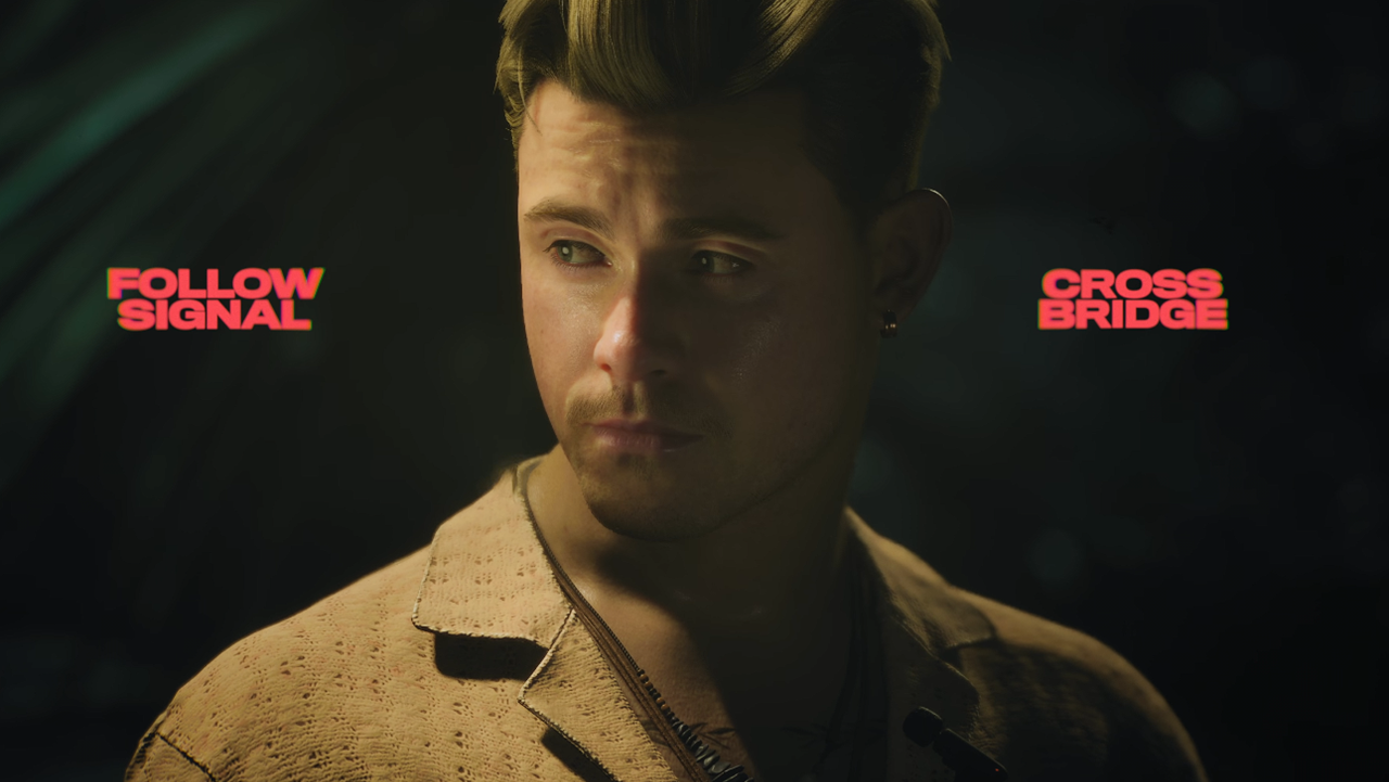 An image from Until Dawn 2, showing a character thinking while a choice appears to follow a signal or cross a bridge