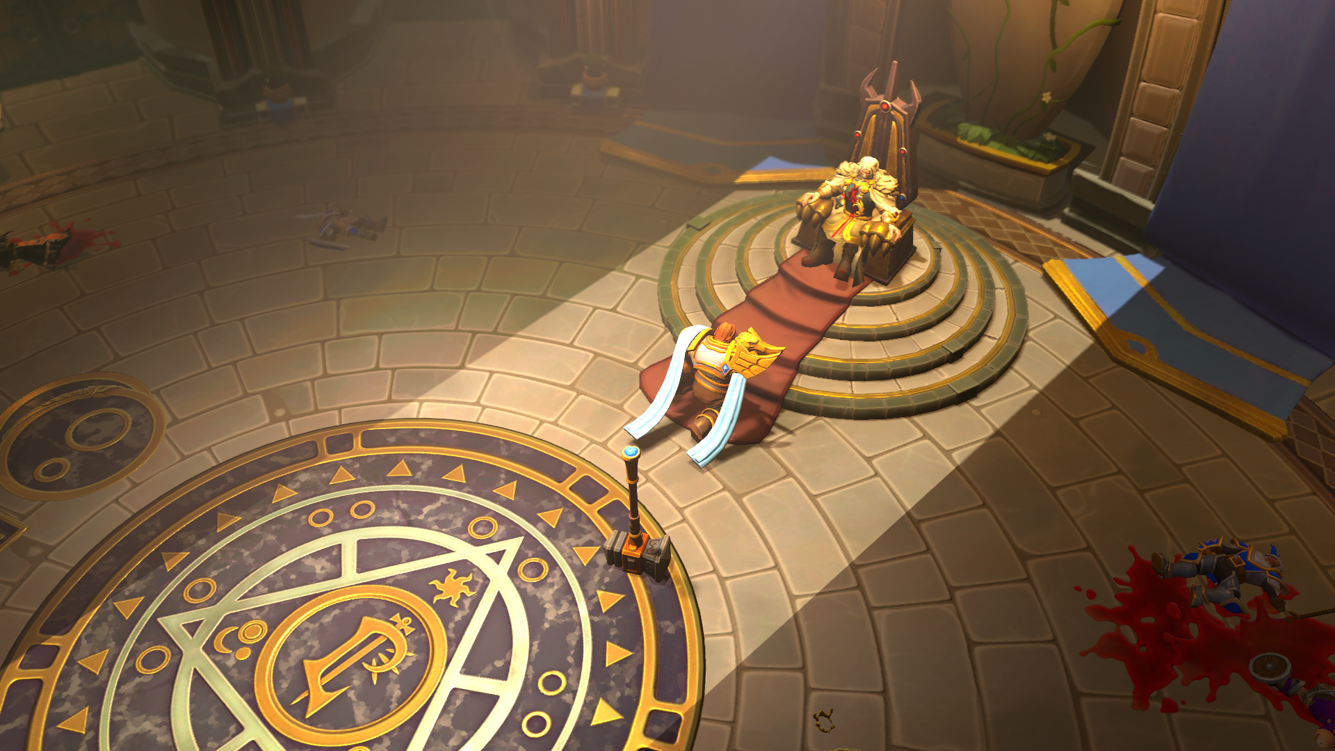 The throne room of Lordaeron, with a dead man on a throne and another man kneeling, with a hammer behind him