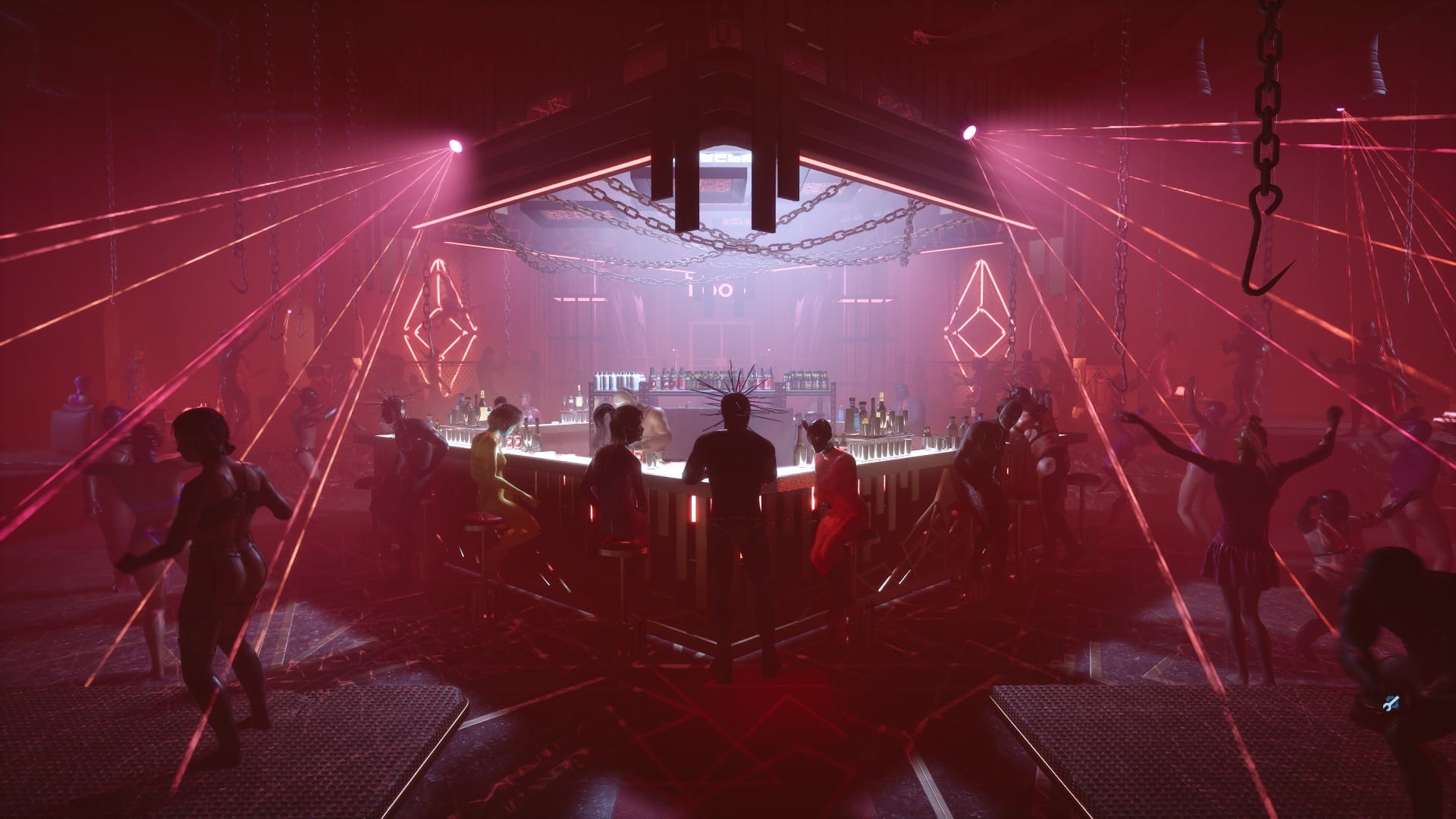 A rowdy nightclub with laser lights in Clive Barker's Hellraiser: Revival