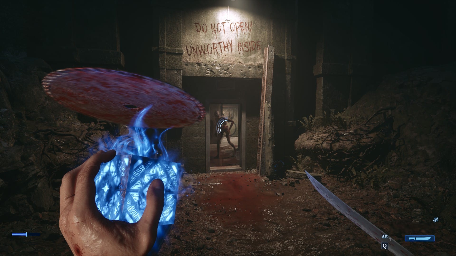 A man holding a glowing box that levitates a spinning blade, aiming it at a zombie in Clive Barker's Hellraiser: Revival
