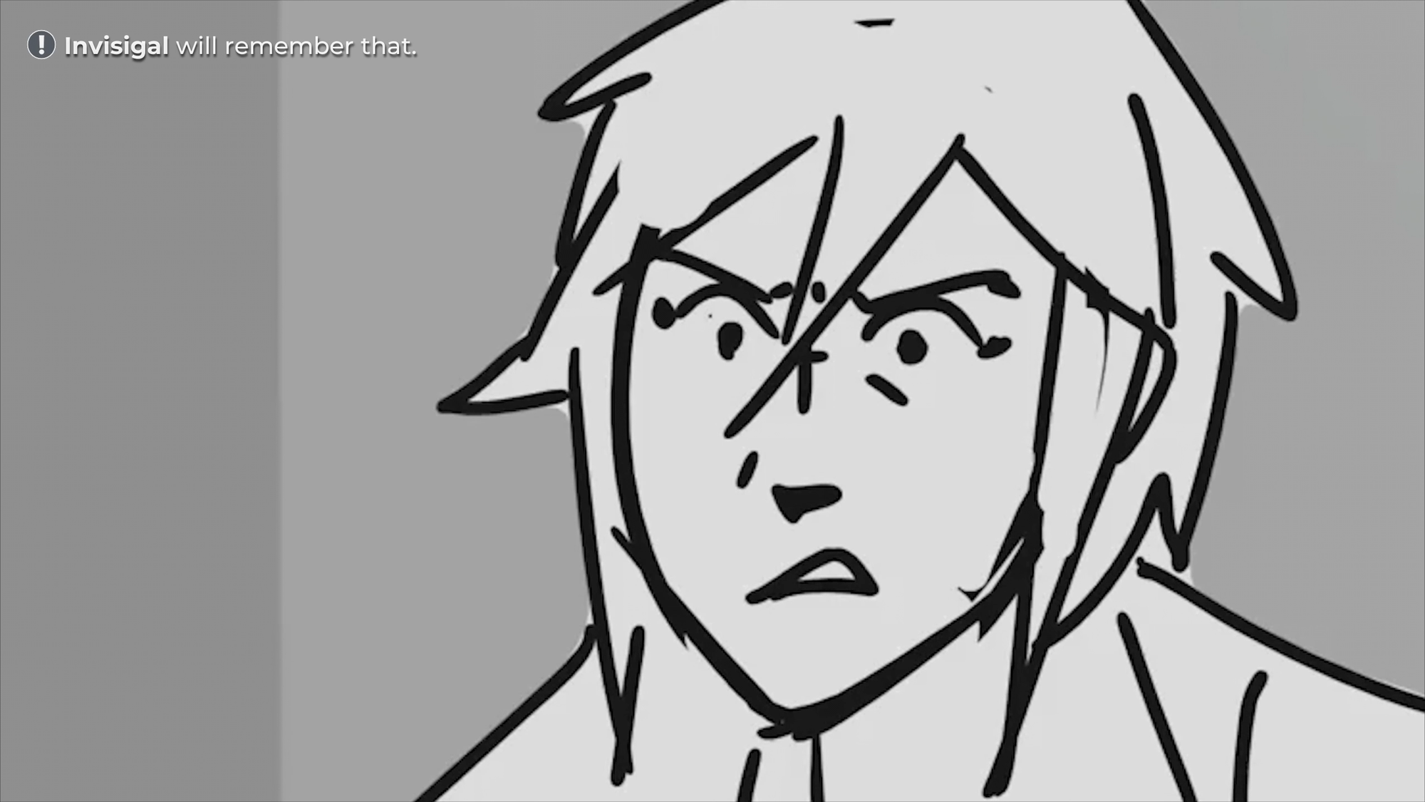 A rough sketch of Invisigal in Dispatch, with text saying "Invisigal will remember that."