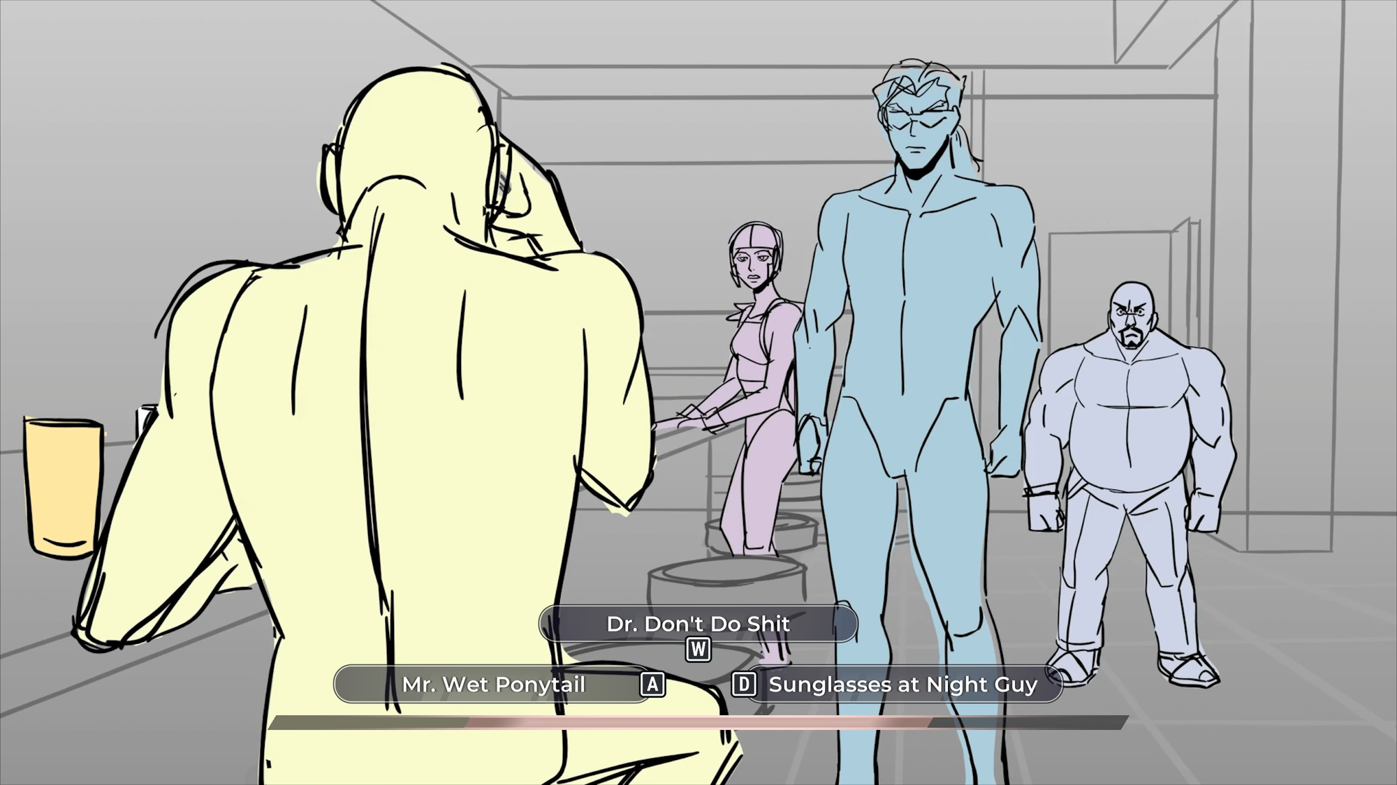 Rough sketches of characters in Dispatch, with choices for insulting one of them.