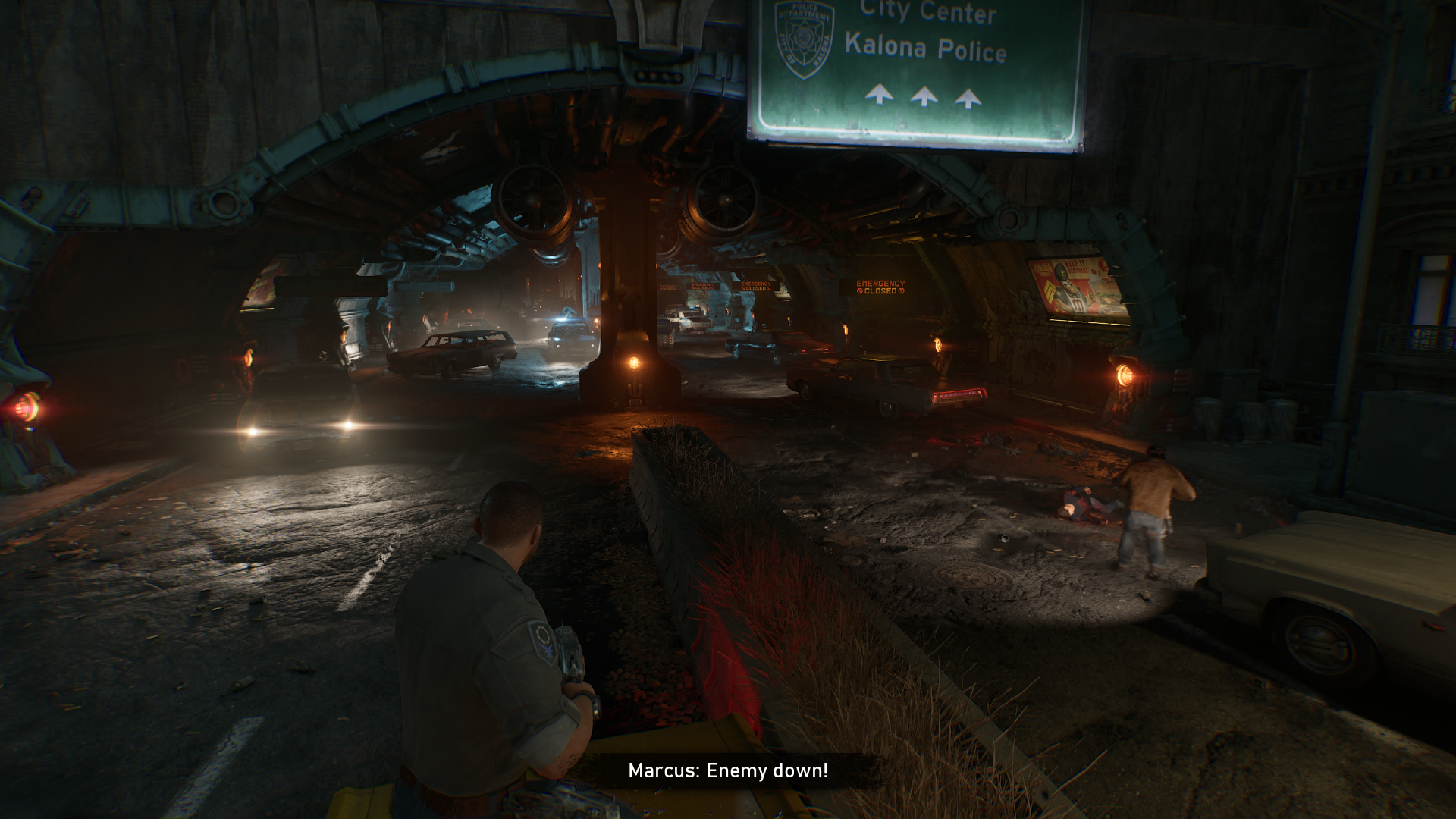 A subway tunnel filled with cars in Gears of War: E-Day