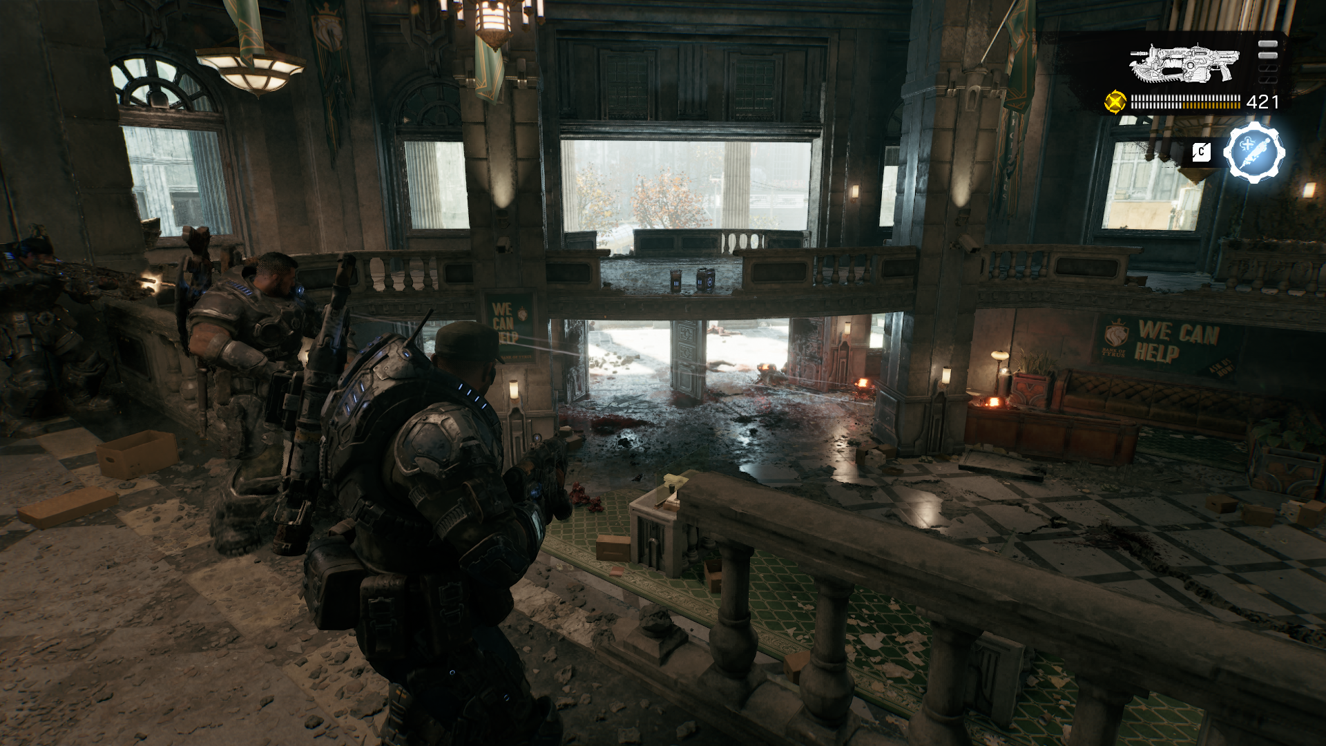 Soldiers watching open doors and windows with dead bodies on the ground in Gears of War: E-Day