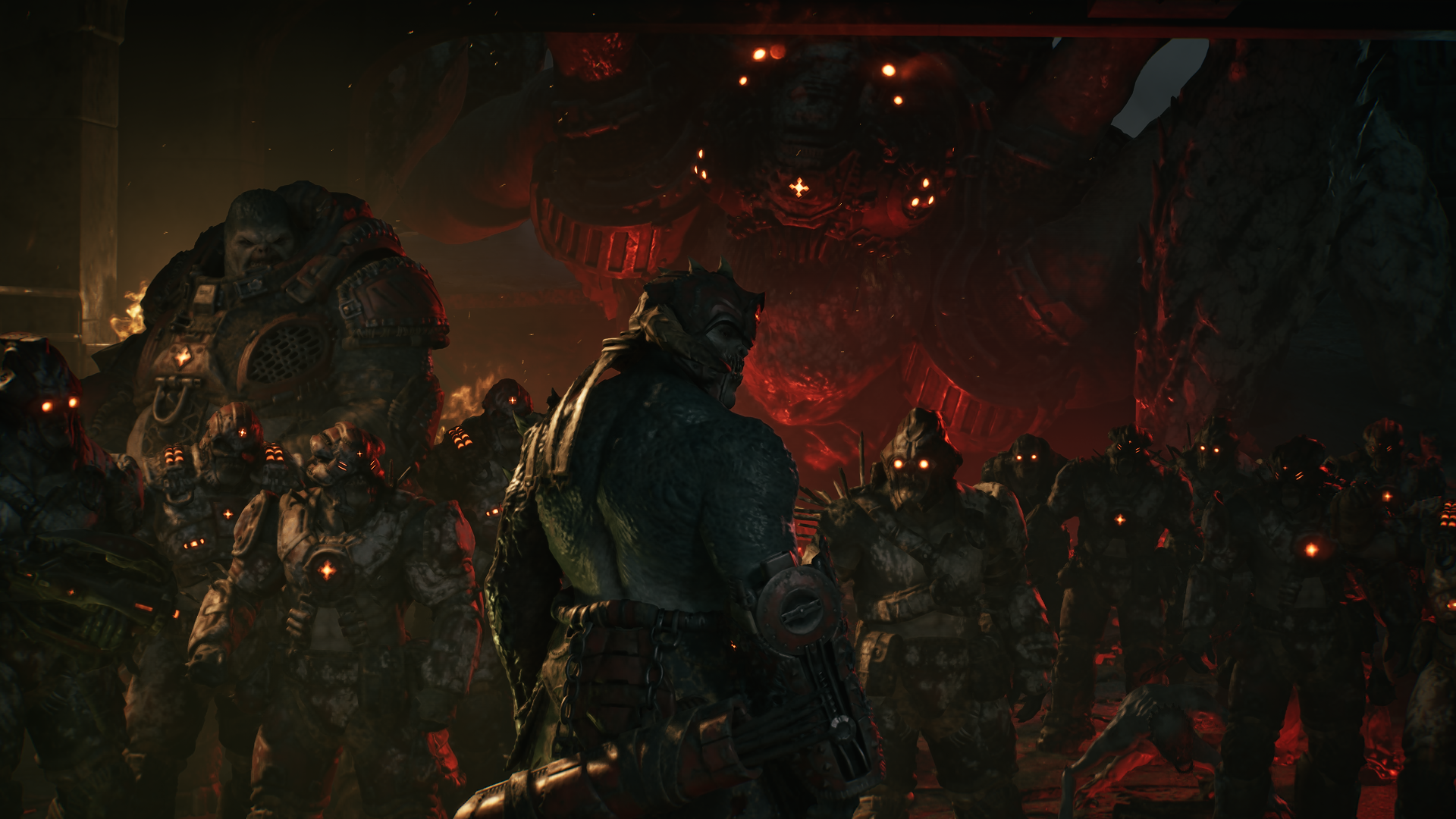 A large group of Locust with a Corpser in the back in Gears of War: E-Day