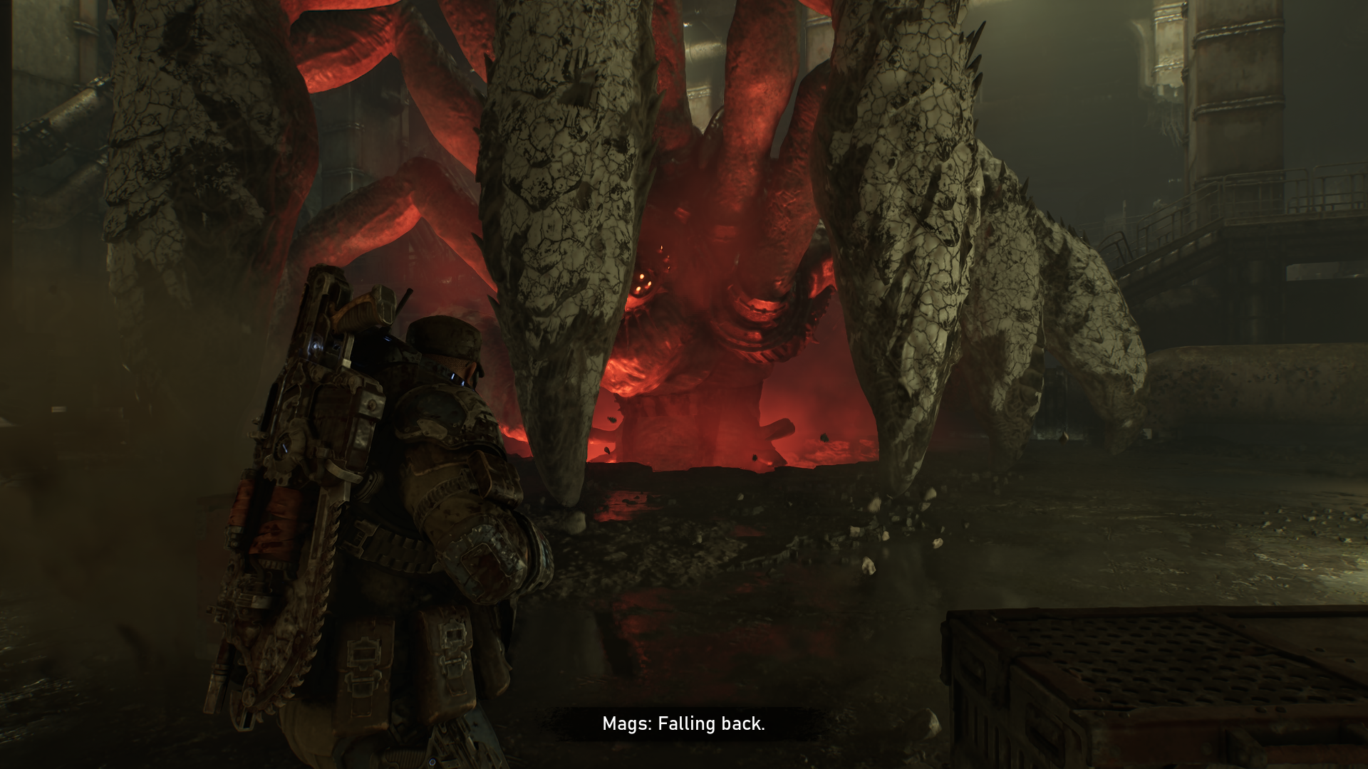 A Corpser emerging from a hole to attack a man in Gears of War: E-Day