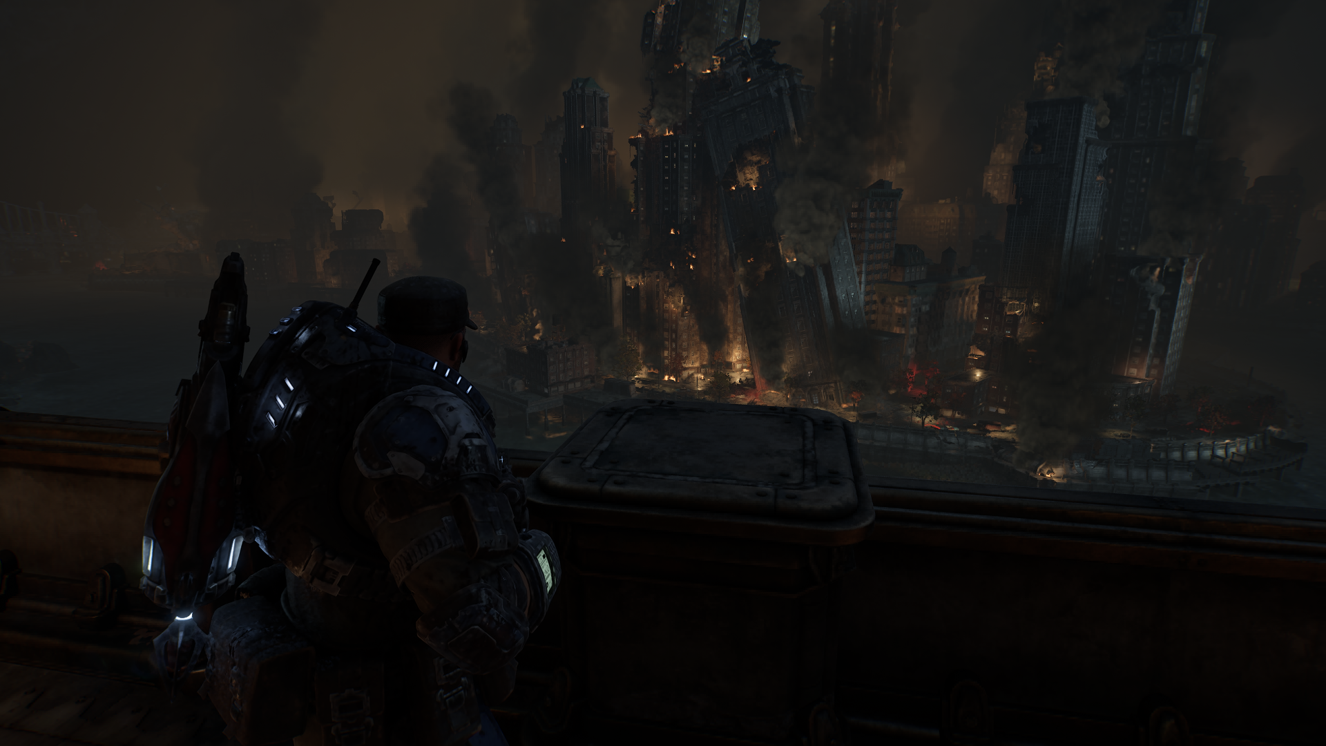A smoldering, ruined city with falling skyscrapers in Gears of War: E-Day