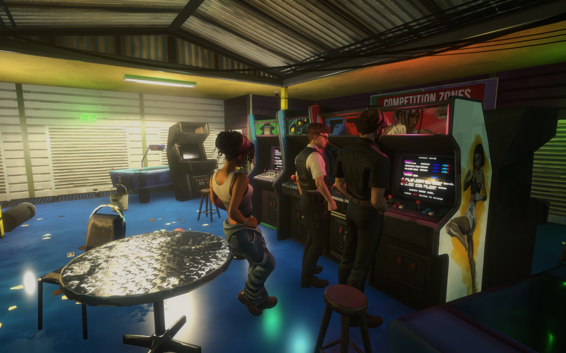Two men and a woman standing in front of arcade machines in There Are No Ghosts at the Grand