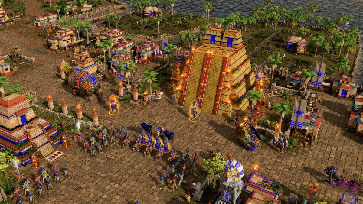 A bird's-eye view of an Aztec city and army, with mythological units like a giant armadillo.