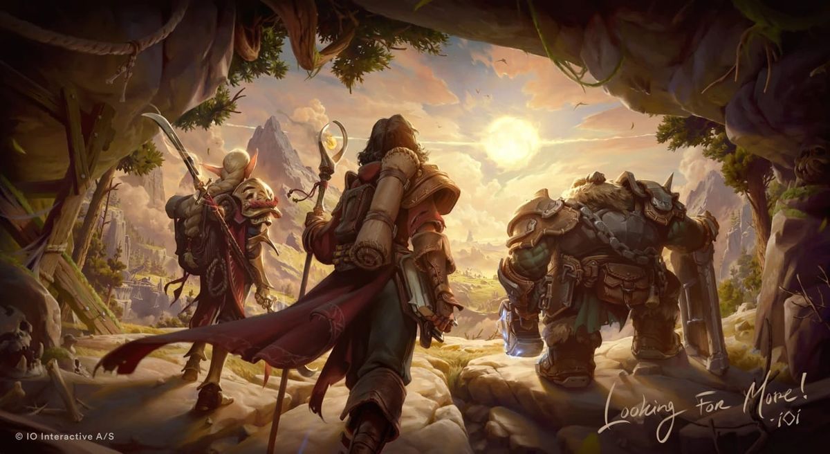 Art showing an Elf, Human, and Dwarf coming out of a cave.