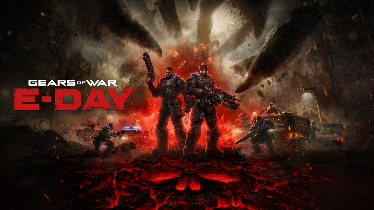 Key art for Gears of War: E-Day, showing Marcus and Dom with the ground cracking underneath them in the shape of the series logo.