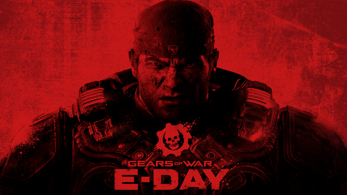 Art for Gears of War: E-Day, showing Marcus Fenix in red and black colors