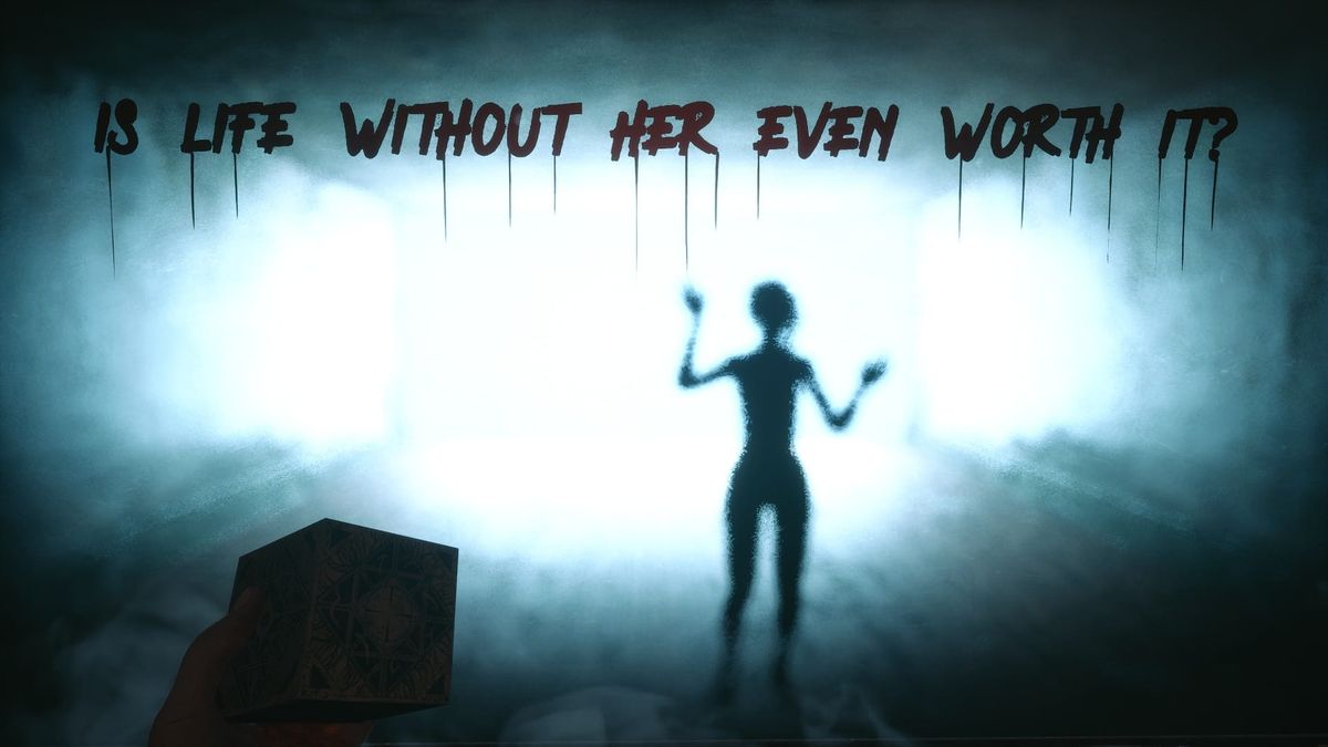 First-person view of a man holding a box, with a woman's silhouette through glass and the words "Is life without her even worth it?" in Clive Barker's Hellraiser: Revival