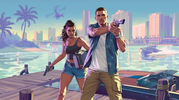 Key art for Grand Theft Auto 6, showing the two leads Lucia and Jason on a pier. 
