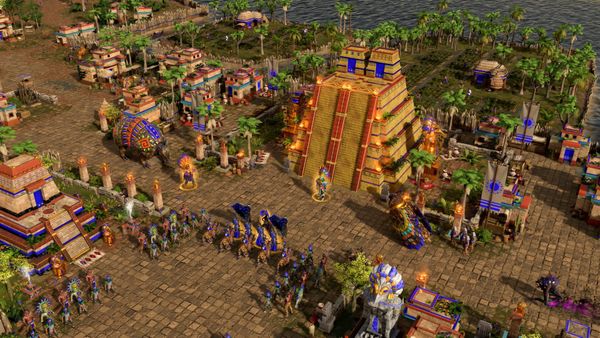 A bird's-eye view of an Aztec city and army, with mythological units like a giant armadillo.