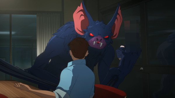 The bat monster man named Sonar in Dispatch raising his middle finger, but it's blurred out