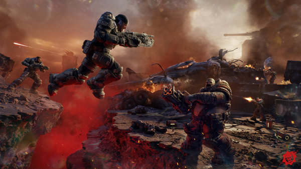 Marcus Fenix leaping at a Locust in Gears of War: E-Day