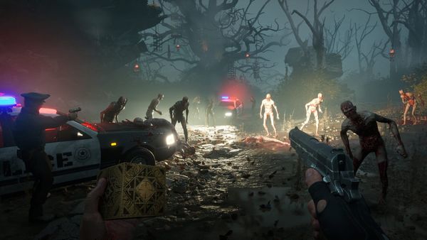 A man aiming a pistol as zombie-like cultists approach.