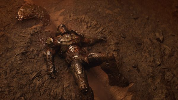 The Slayer in DOOM: The Dark Ages Revelations, lying bloody with his armor and shield broken
