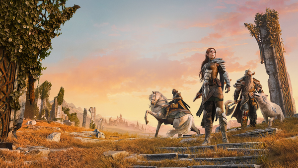 Key art for The Elder Scrolls Online in 2026, showing three warriors, with one on horseback.