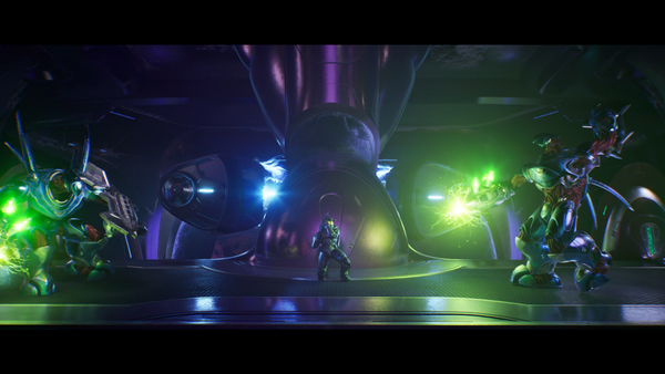 Master Chief between two Hunters in Halo: Campaign Evolved