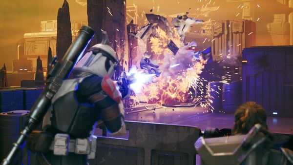 A clone trooper shooting a droid and causing an explosion in Star Wars: Zero Company
