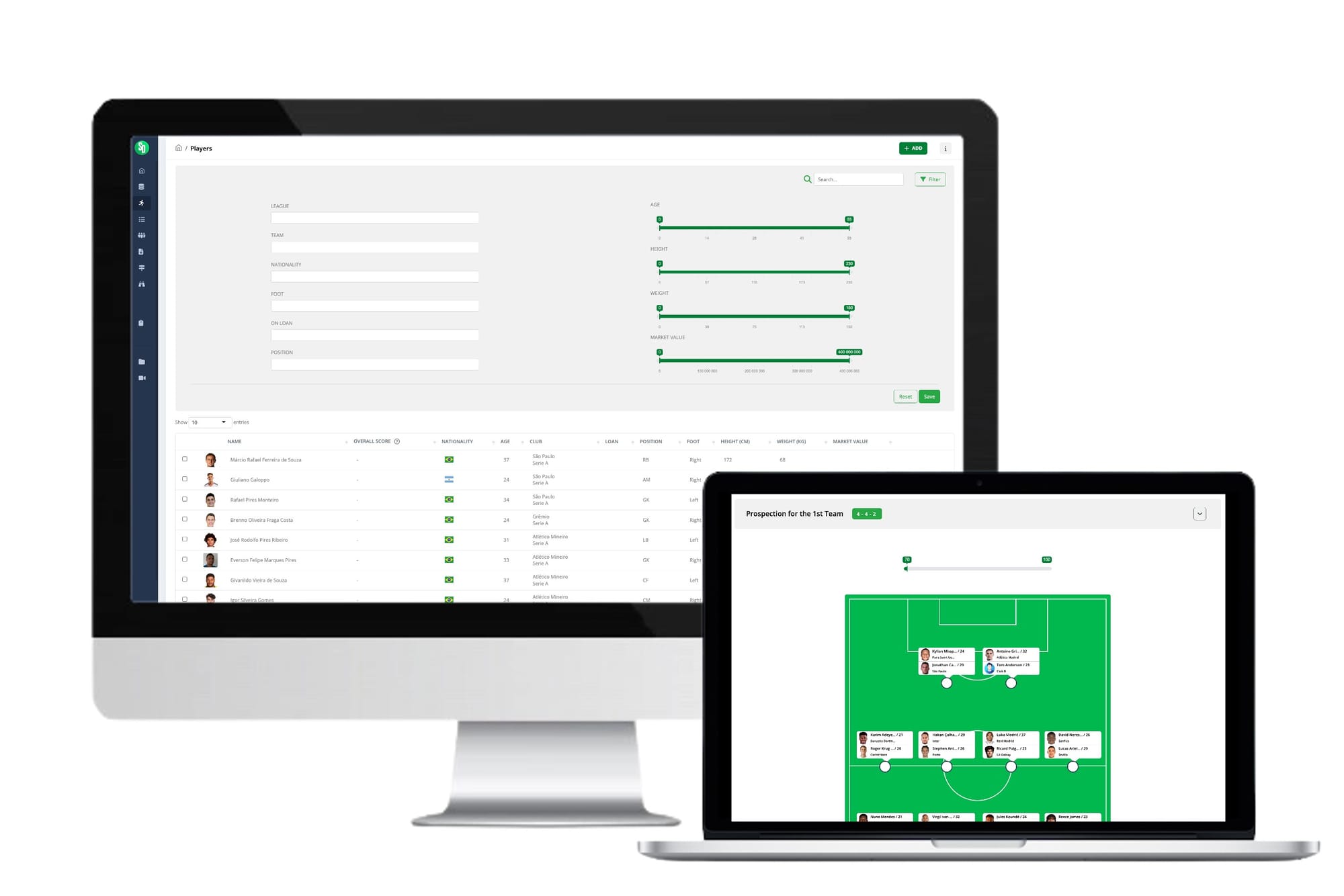 A screenshot of the ScoutDecision player database — a searchable, filterable table of players with nationality, age, club, position and market value.