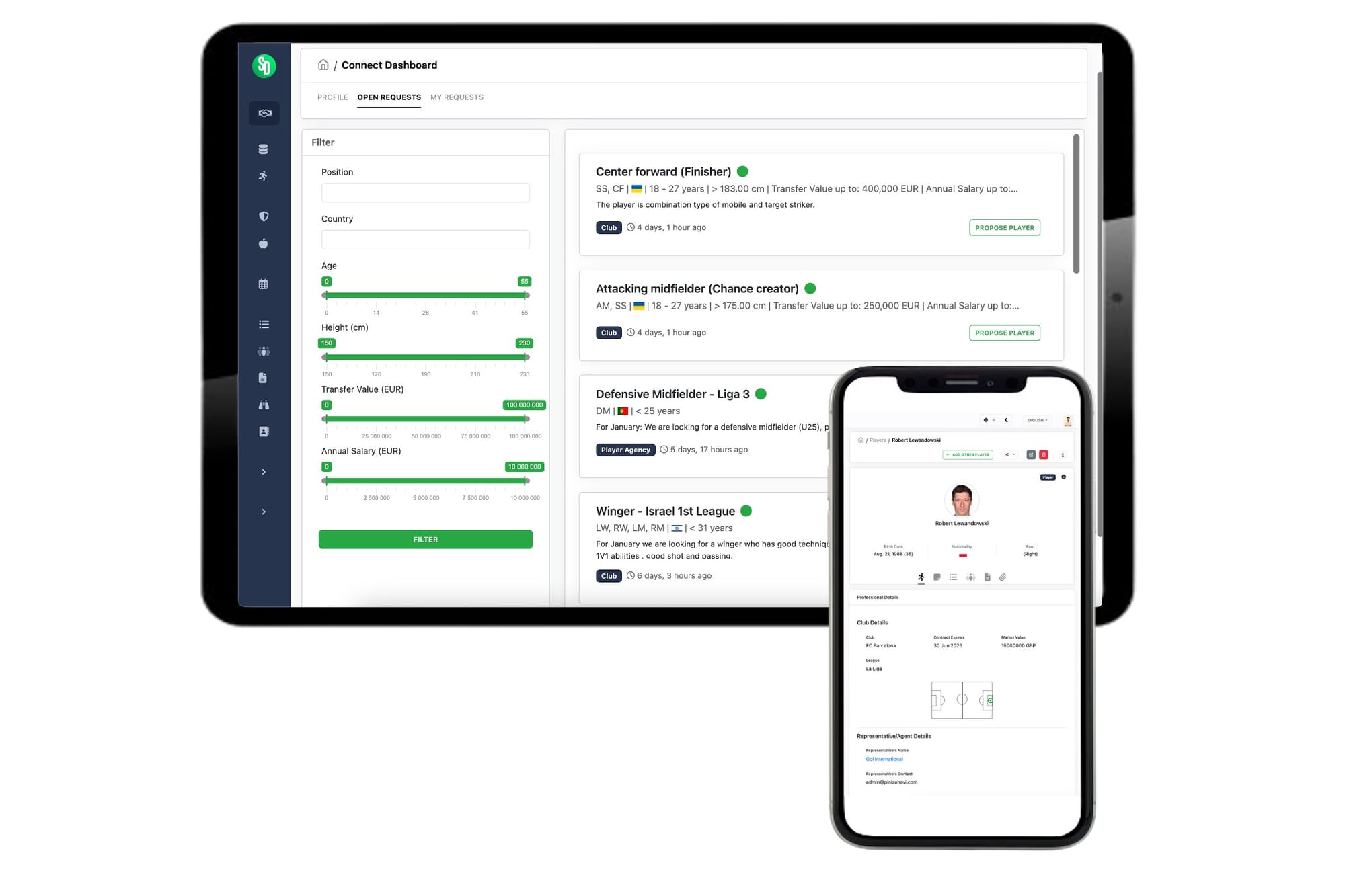 A screenshot of ScoutDecision's Connect marketplace, showing open club requests for player profiles alongside a player detail page.
