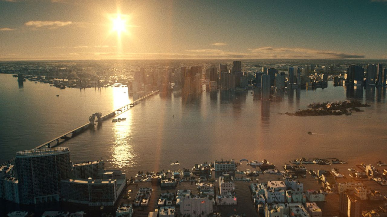 A still image from the 2021 film "Reminiscence" set in the near future when rising sea levels have overtaken the majority of America's southern and eastern coasts.