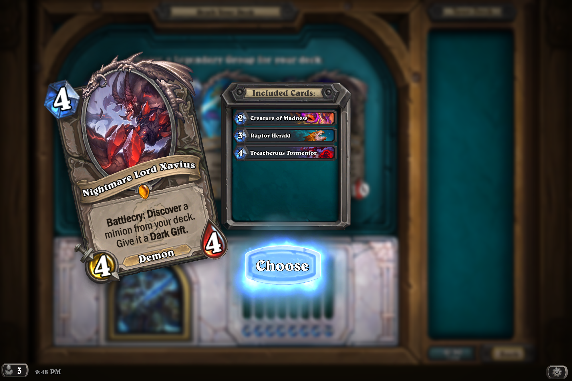 A screenshot from Hearthstone while drafting in Arena, showing Nightmare Lord Xavius being offered alongside "Create or Madness", "Raptor Herald", "Treacherous Tormentor". Nightmare Lord Xavius reads "Battlecry: Discover a minion from your deck. Give it a Dark Gift.""