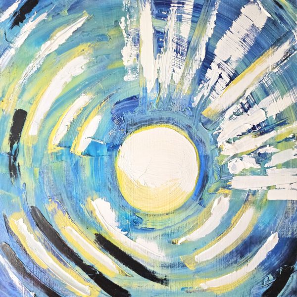 a bright white and yellow orb surrounded by radiant yellows, whites, blues, and navys