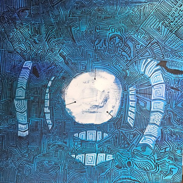 a white orb sits in the center of a heavily-lined black-on-blue background