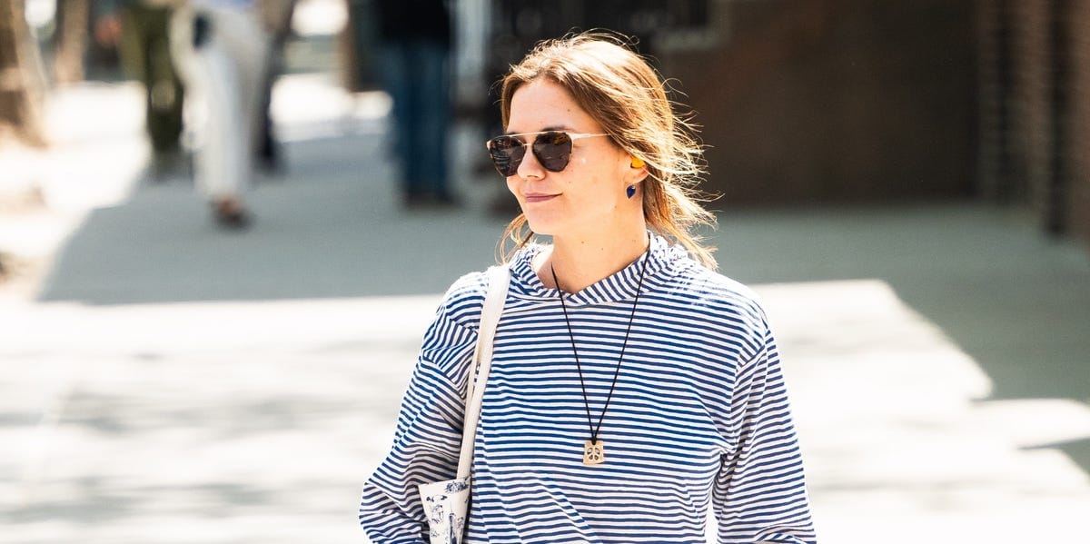 Katie Holmes Perfects Her Spring Weekend Wardrobe With Some Sailor Stripes and a Peace-Sign Necklace