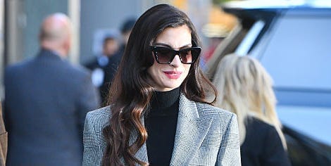 Anne Hathaway Zhuzhes Up a Skirt Suit With a Fun Statement Belt