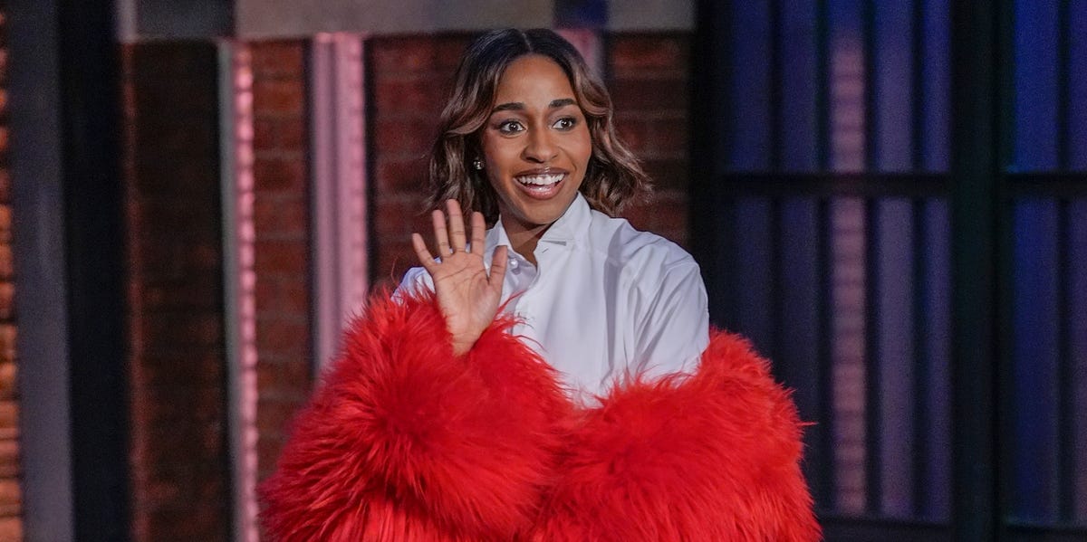 Ayo Edebiri Adds a Fuzzy Pop of Red to Her <em>Late Night</em> Look