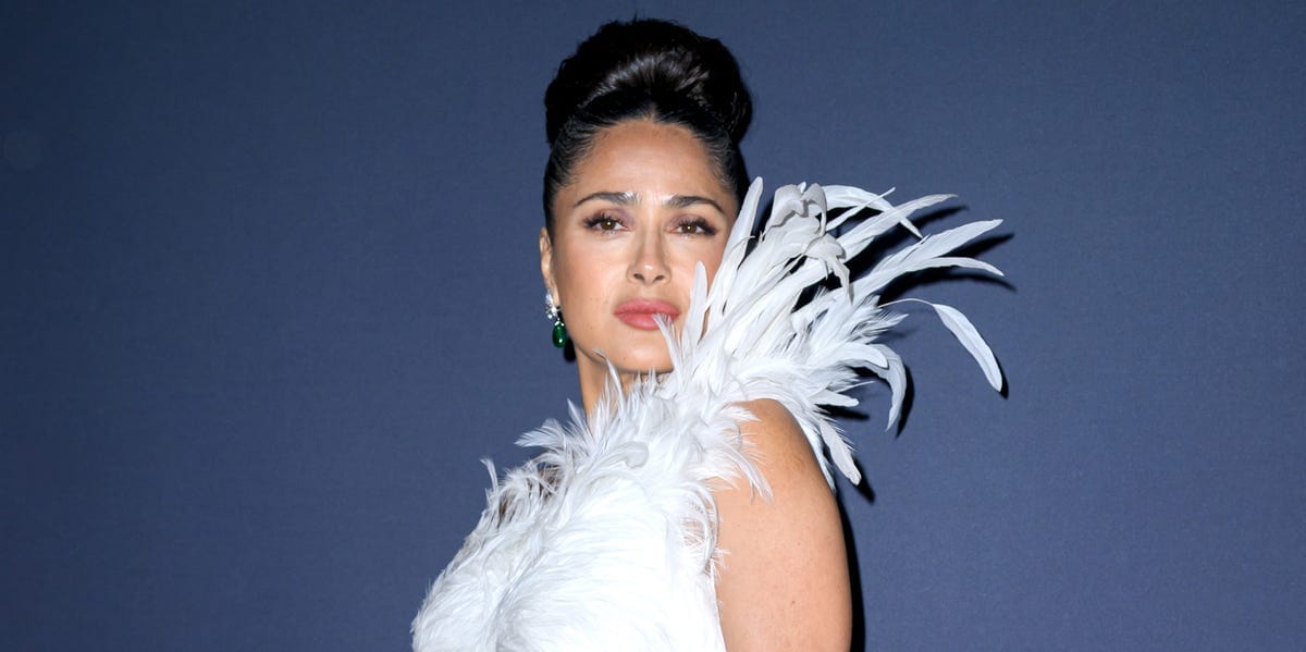 Salma Hayek Is the Belle of the Ball in a Striking White Feather Gown