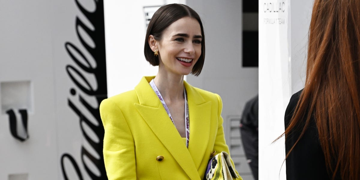 Lily Collins Films <em>Emily in Paris </em>in a Chartreuse Blazer Paired With Purple Pumps