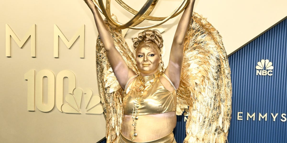 Megan Stalter Dresses Just Like the Golden Emmy Statuette at the 2026 Emmy Awards