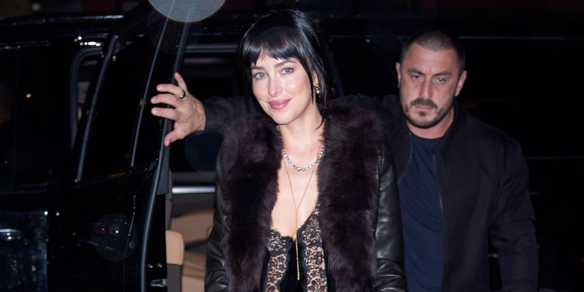Dakota Johnson Is Pure Romance in a Velvet Slip Dress With Floral Lace Cutouts