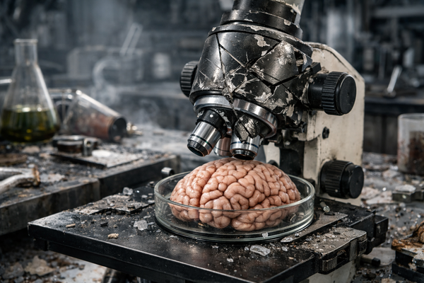 human-looking brain under a microscope in a destroyed lab