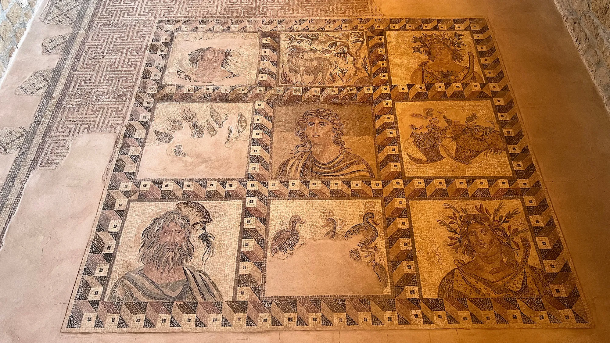 Ornate floor mosaic containing imagery of animals and profiles